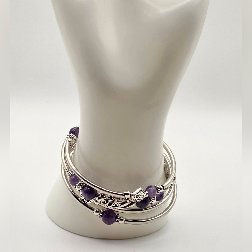 Silver Tone Bangle Bracelet Set w/ Purple Beads – Stackable - Picture 3 of 3